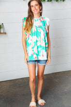 Load image into Gallery viewer, Turquoise Floral Mock Neck Flutter Sleeve Top