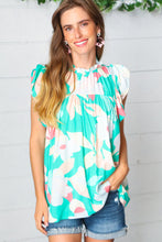 Load image into Gallery viewer, Turquoise Floral Mock Neck Flutter Sleeve Top