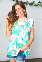 Load image into Gallery viewer, Turquoise Floral Mock Neck Flutter Sleeve Top