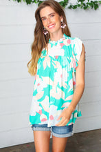 Load image into Gallery viewer, Turquoise Floral Mock Neck Flutter Sleeve Top