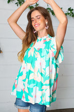 Load image into Gallery viewer, Turquoise Floral Mock Neck Flutter Sleeve Top