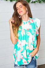 Load image into Gallery viewer, Turquoise Floral Mock Neck Flutter Sleeve Top
