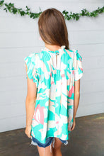 Load image into Gallery viewer, Turquoise Floral Mock Neck Flutter Sleeve Top