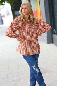 Adorable in Gingham Rust Shirred Mock Neck Top
