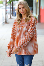Load image into Gallery viewer, Adorable in Gingham Rust Shirred Mock Neck Top