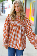 Load image into Gallery viewer, Adorable in Gingham Rust Shirred Mock Neck Top