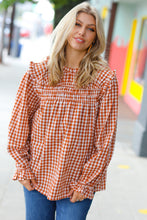 Load image into Gallery viewer, Adorable in Gingham Rust Shirred Mock Neck Top