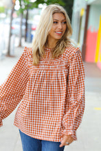 Load image into Gallery viewer, Adorable in Gingham Rust Shirred Mock Neck Top