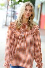 Load image into Gallery viewer, Adorable in Gingham Rust Shirred Mock Neck Top