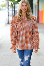 Load image into Gallery viewer, Adorable in Gingham Rust Shirred Mock Neck Top