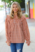 Load image into Gallery viewer, Adorable in Gingham Rust Shirred Mock Neck Top