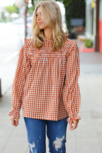 Load image into Gallery viewer, Adorable in Gingham Rust Shirred Mock Neck Top
