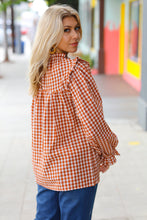 Load image into Gallery viewer, Adorable in Gingham Rust Shirred Mock Neck Top