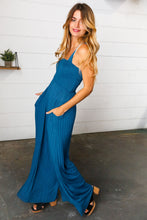 Load image into Gallery viewer, Ocean Blue Smocked Rib Wide Leg Romper Jumpsuit