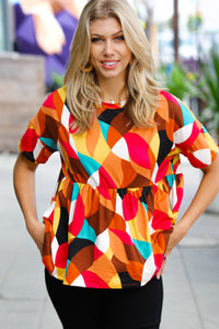 Teal & Mustard Geo Print Drop Shoulder Babydoll Top