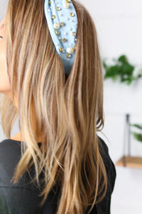 Dusty Blue Pearl & Jewels Top Knot Knit Headband