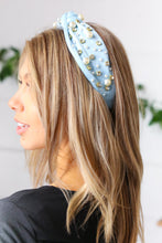 Load image into Gallery viewer, Dusty Blue Pearl &amp; Jewels Top Knot Knit Headband