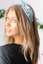 Load image into Gallery viewer, Dusty Blue Pearl &amp; Jewels Top Knot Knit Headband