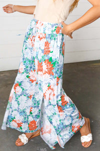 Grey Floral Smocked Waist Side Slit Palazzo Pants