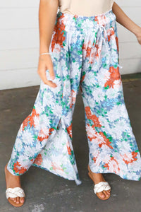 Grey Floral Smocked Waist Side Slit Palazzo Pants