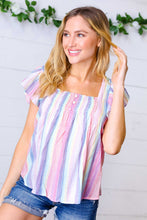 Load image into Gallery viewer, Rainbow Striped Smocked Button Flutter Sleeve Top