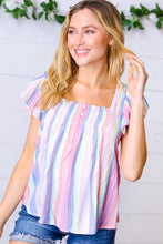 Load image into Gallery viewer, Rainbow Striped Smocked Button Flutter Sleeve Top