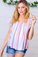 Load image into Gallery viewer, Rainbow Striped Smocked Button Flutter Sleeve Top