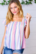 Load image into Gallery viewer, Rainbow Striped Smocked Button Flutter Sleeve Top