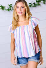 Load image into Gallery viewer, Rainbow Striped Smocked Button Flutter Sleeve Top