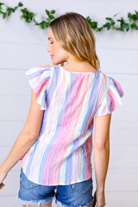 Rainbow Striped Smocked Button Flutter Sleeve Top