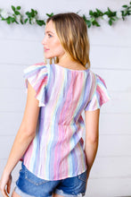 Load image into Gallery viewer, Rainbow Striped Smocked Button Flutter Sleeve Top
