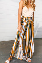 Load image into Gallery viewer, Tan &amp; Green Vertical Stripe Smock Waist Side Slit Palazzo Pants