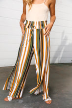 Load image into Gallery viewer, Tan &amp; Green Vertical Stripe Smock Waist Side Slit Palazzo Pants