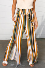 Load image into Gallery viewer, Tan &amp; Green Vertical Stripe Smock Waist Side Slit Palazzo Pants