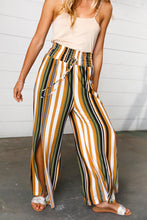 Load image into Gallery viewer, Tan &amp; Green Vertical Stripe Smock Waist Side Slit Palazzo Pants