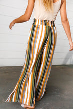 Load image into Gallery viewer, Tan &amp; Green Vertical Stripe Smock Waist Side Slit Palazzo Pants