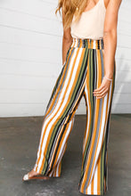Load image into Gallery viewer, Tan &amp; Green Vertical Stripe Smock Waist Side Slit Palazzo Pants