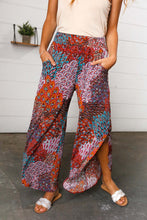 Load image into Gallery viewer, Burnt Orange Geo Print Smocked Waist Slit Palazzo Pants