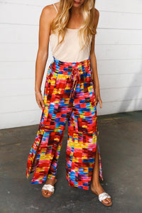 Multicolor Kaleidoscope Smocked Waist Slit Palazzo Pants