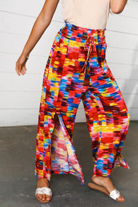 Multicolor Kaleidoscope Smocked Waist Slit Palazzo Pants