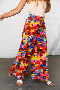 Multicolor Kaleidoscope Smocked Waist Slit Palazzo Pants