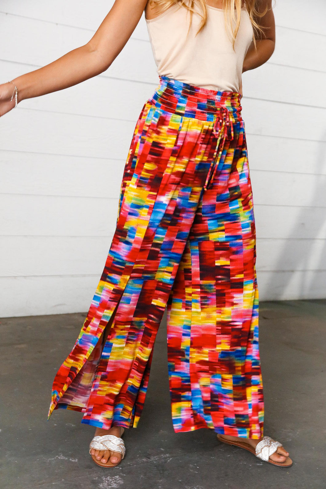 Multicolor Kaleidoscope Smocked Waist Slit Palazzo Pants