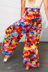 Multicolor Kaleidoscope Smocked Waist Slit Palazzo Pants