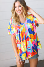 Load image into Gallery viewer, Orange &amp; Yellow Geometric Floral V Neck Dolman Top