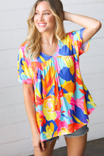 Load image into Gallery viewer, Orange &amp; Yellow Geometric Floral V Neck Dolman Top