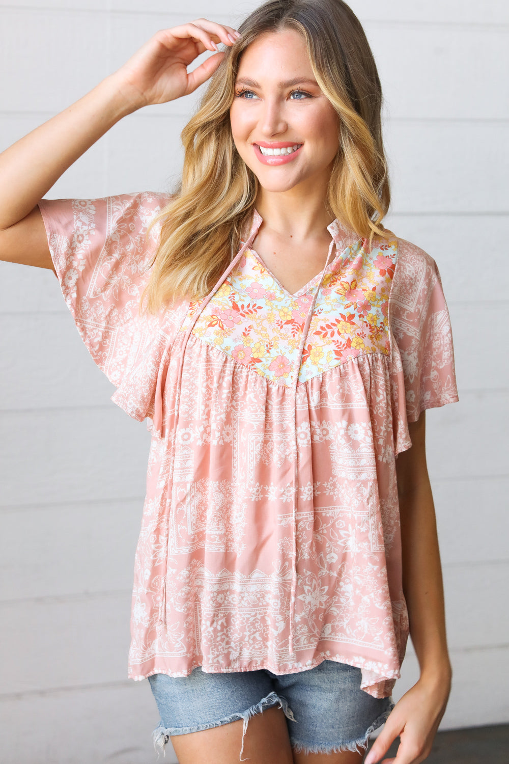 Blush Paisley Floral Yoke Tie Neck Top