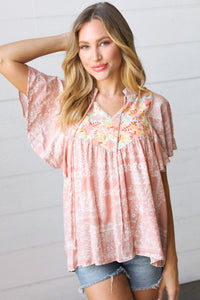 Blush Paisley Floral Yoke Tie Neck Top