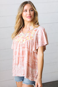 Blush Paisley Floral Yoke Tie Neck Top