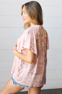 Blush Paisley Floral Yoke Tie Neck Top