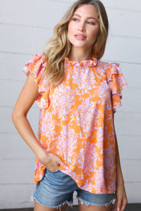 Tangerine & Lilac Paisley Mock Neck Flutter Sleeve Top